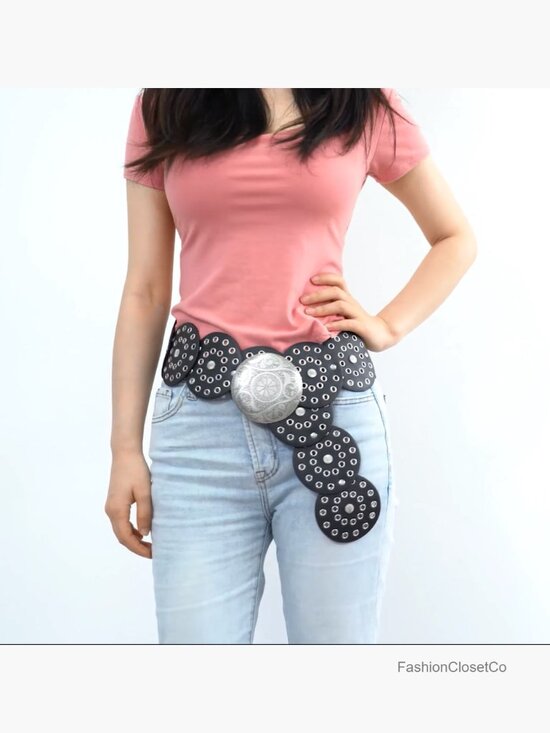 Wide Hollow Disc Faux Leather Western Belt Cowgirl Waist Belt for Jeans Dresses main image 4
